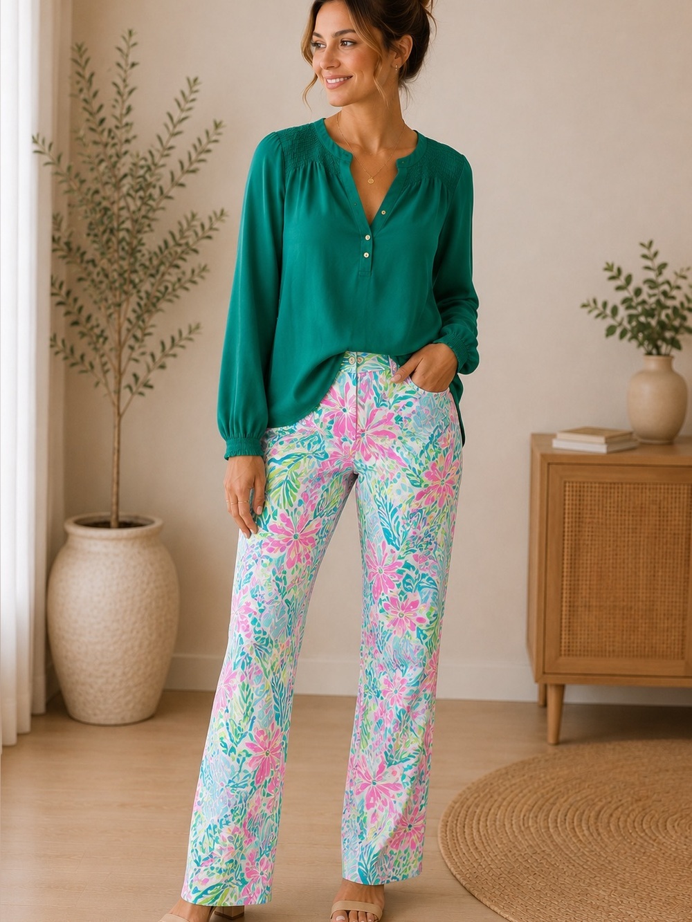 Lilly Pulitzer Emerald Evergreen Long-Sleeve Smocked Yoke Silk Elsa XXS Top